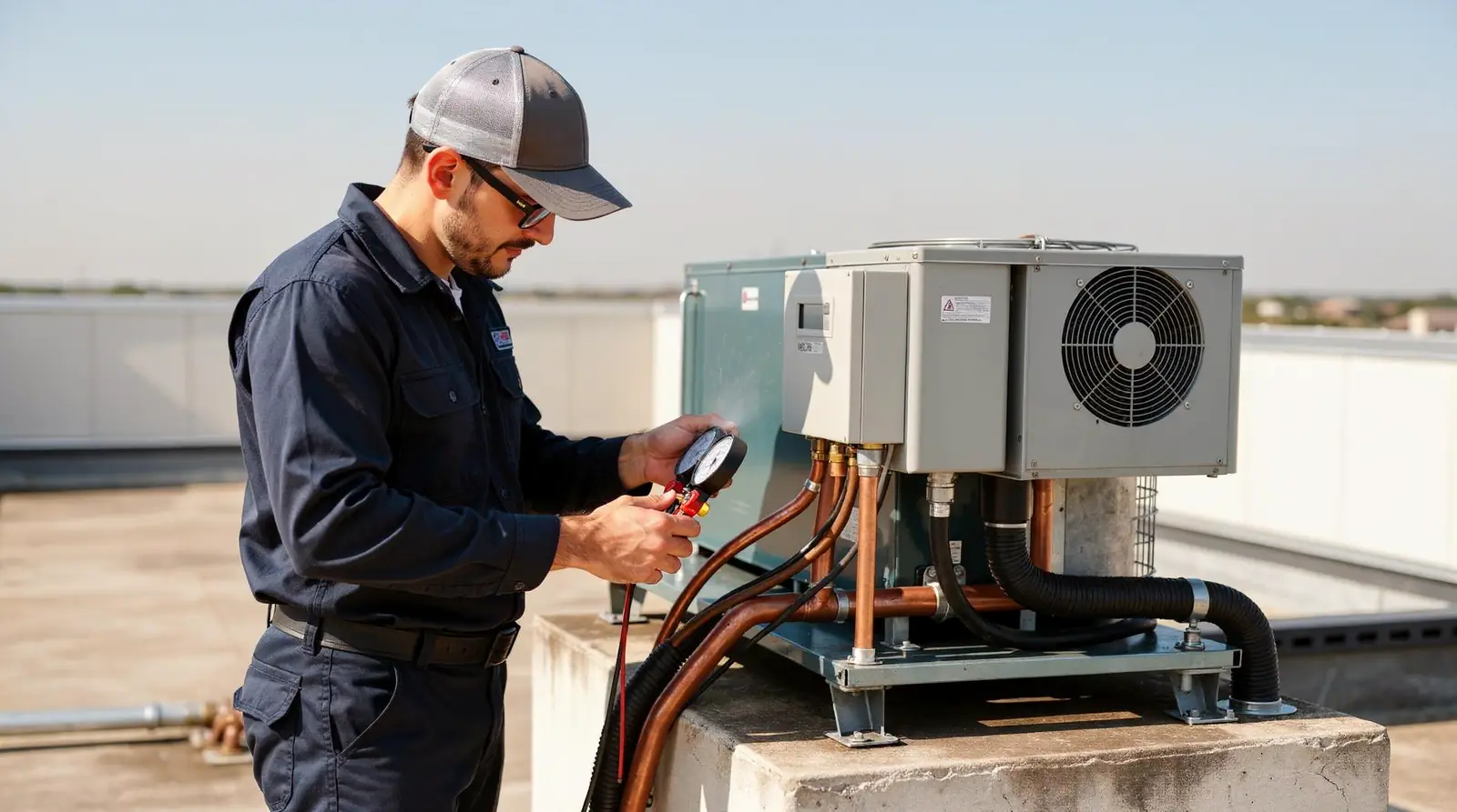Technician inspecting a commercial HVAC unit during a scheduled service call