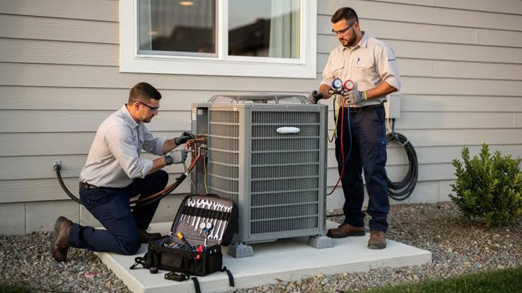 Two HVAC technicians installing and charging a new residential outdoor AC condenser unit beside a home