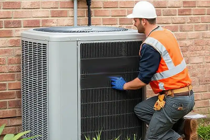 HVAC technician in a safety vest cleaning the coil of a residential air conditioning condenser