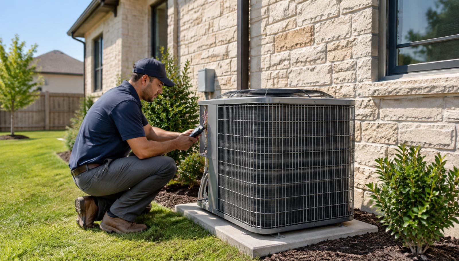 HVAC technician checking refrigerant gauges on an outdoor AC unit at a Leander, Texas home