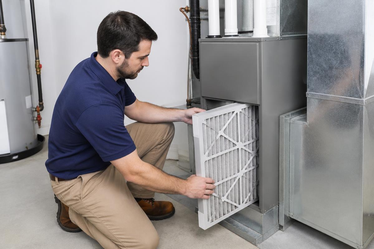 Technician replacing a dirty HVAC air filter with a clean one
