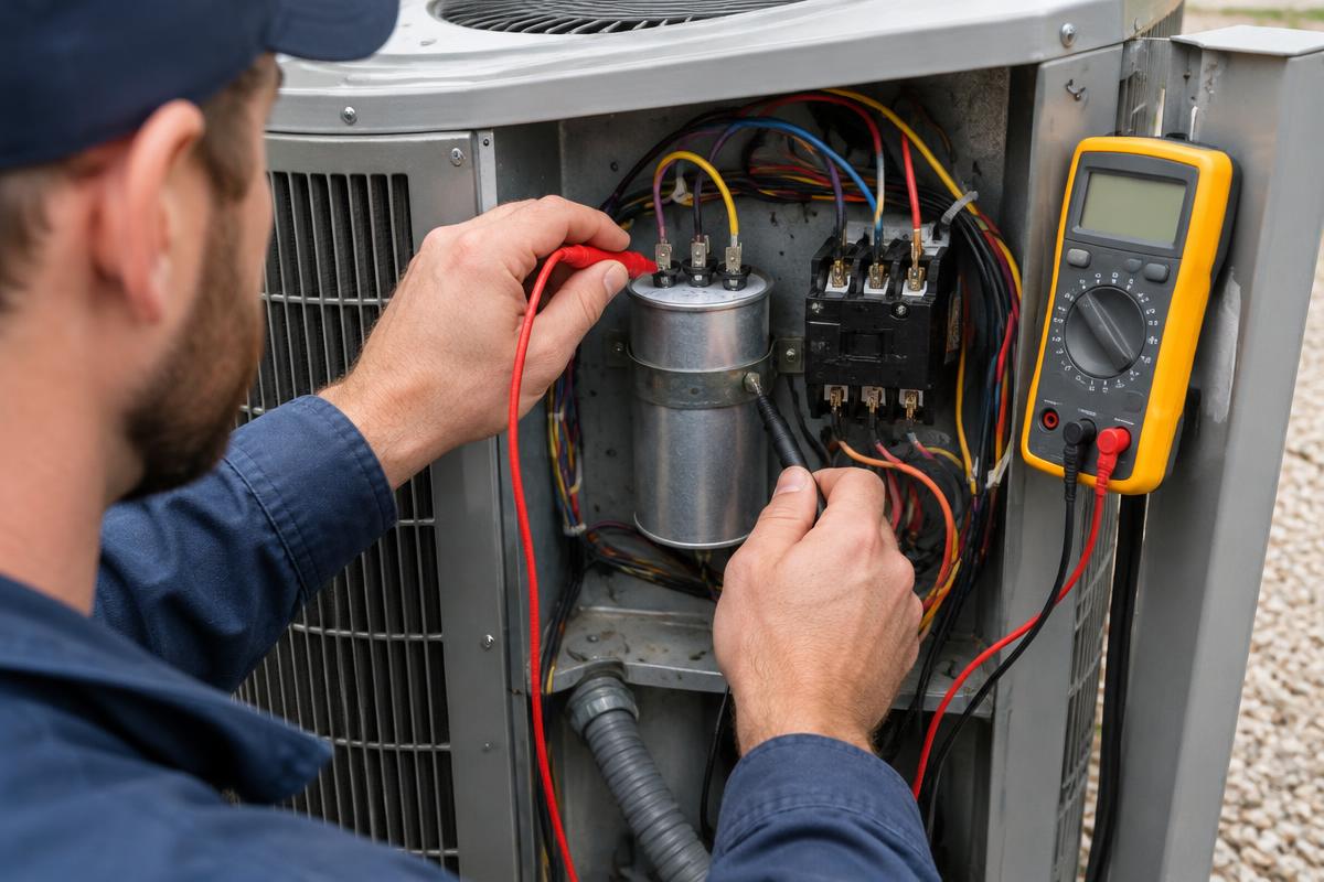 Technician testing an AC capacitor and contactor with a multimeter during an emergency repair