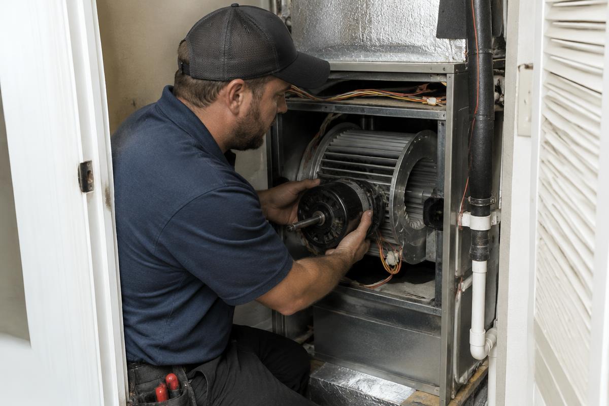 Technician replacing a failed blower motor in an indoor air handler