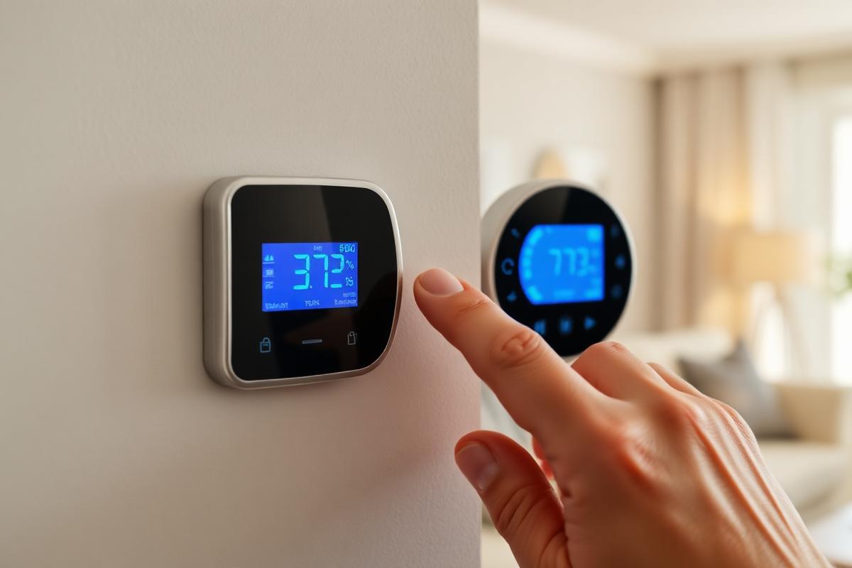 Homeowner setting a comfortable temperature on a thermostat after HVAC service
