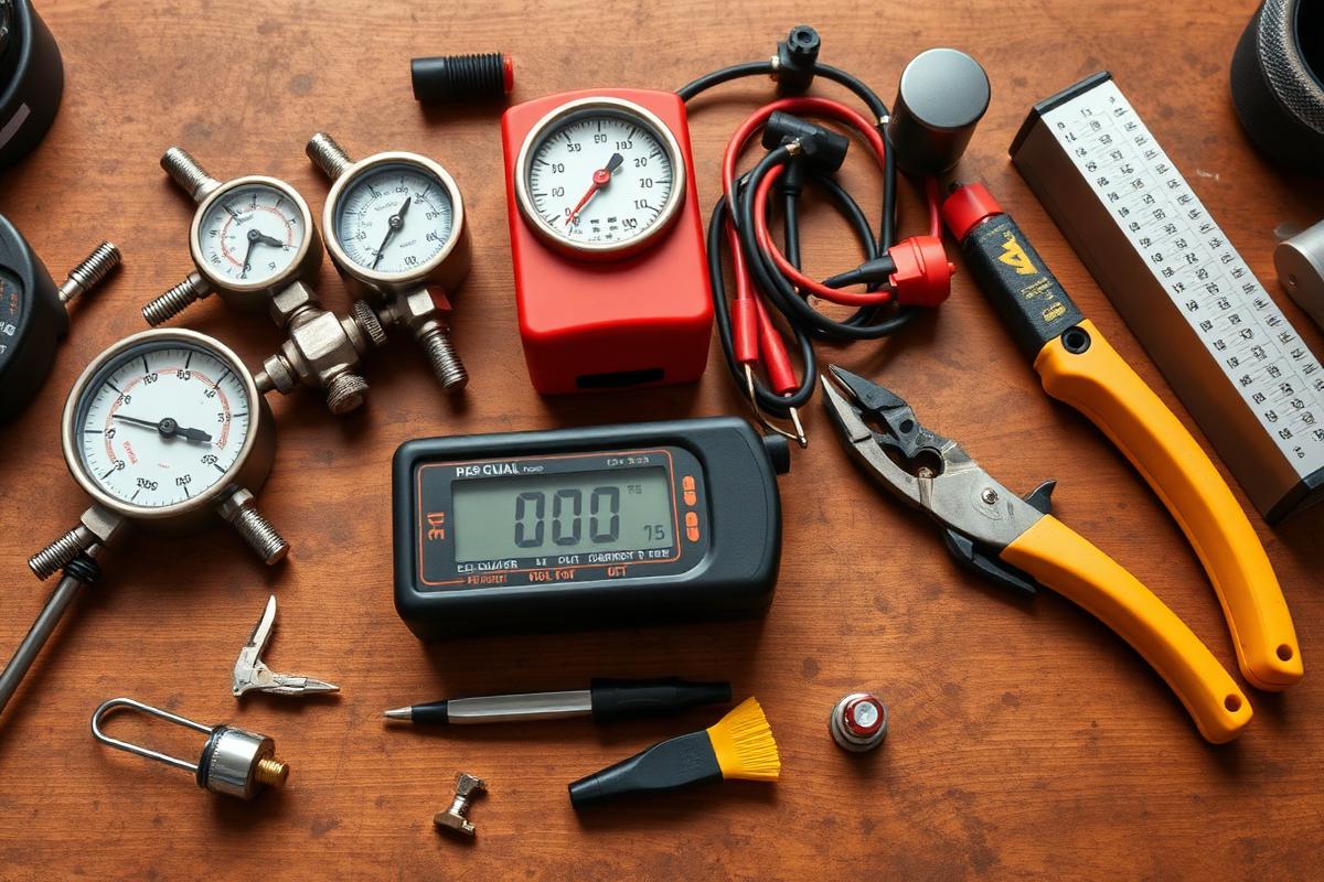 Professional HVAC service tools, manifold gauges and a multimeter laid out on a workbench