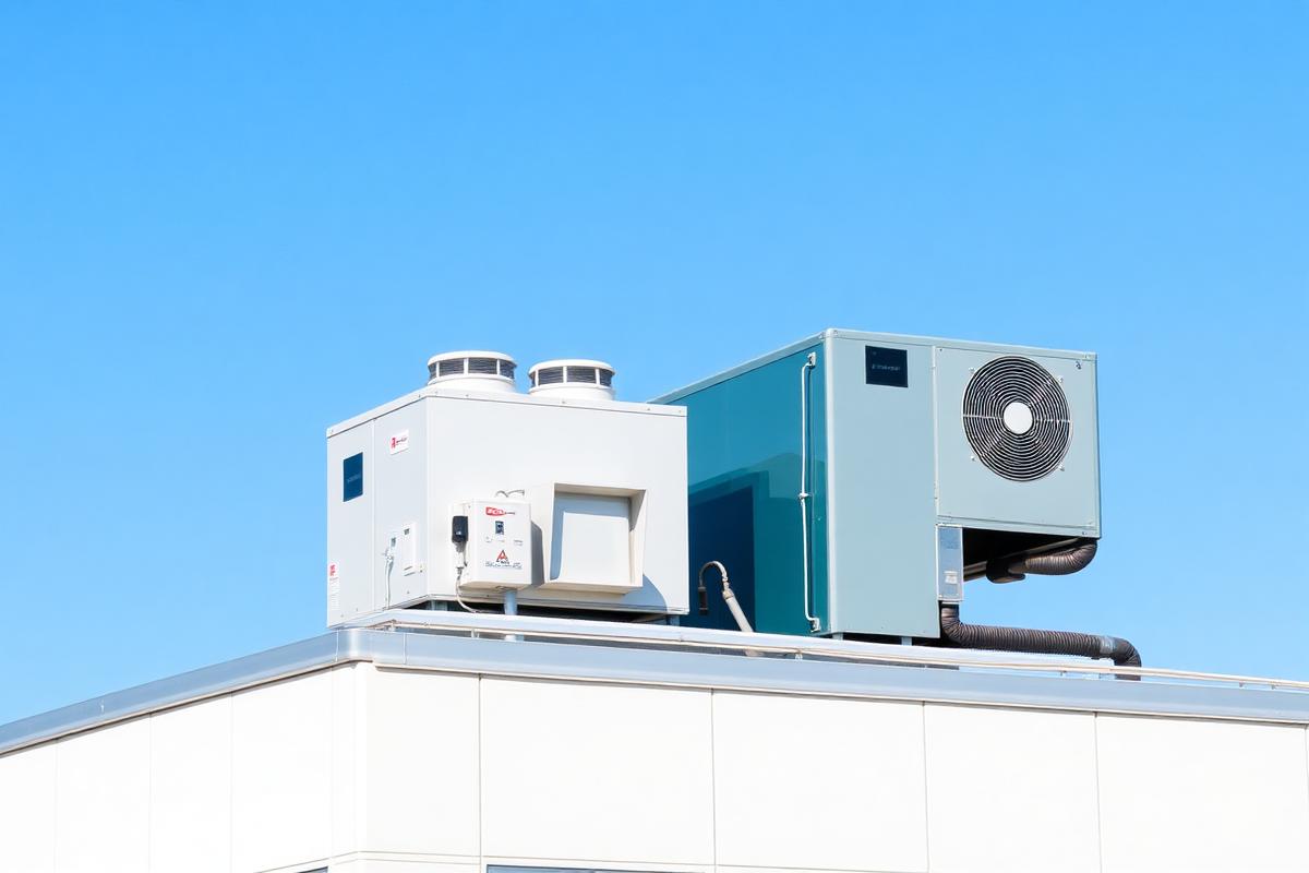 Commercial rooftop HVAC package units installed on an office building in Austin, TX