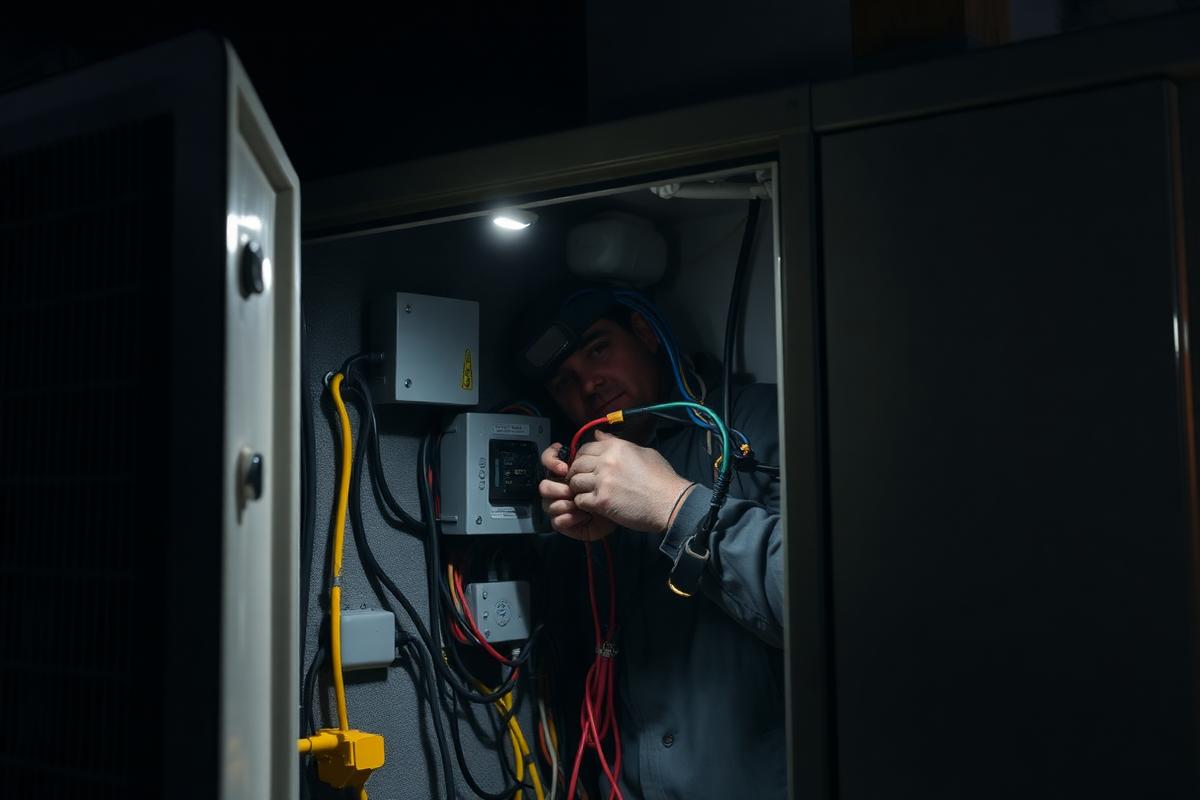 After-hours HVAC technician repairing an outdoor condenser unit in Leander, TX